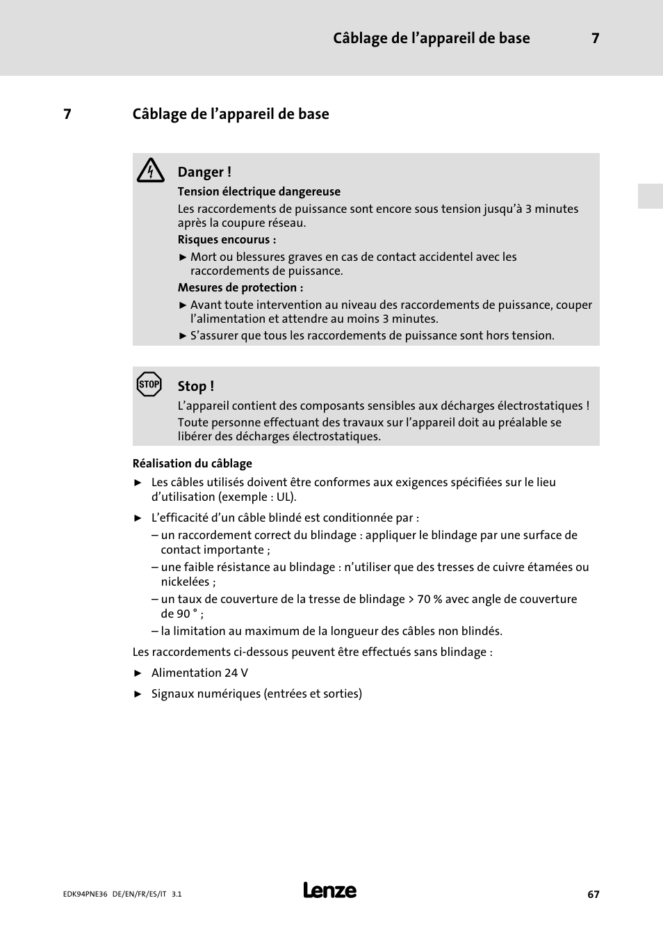 7 câblage de l'appareil de base, Câblage de l’appareil de base, Câblage de l’appareil de base 7 | 7câblage de l’appareil de base | Lenze E94APNE User Manual | Page 67 / 114