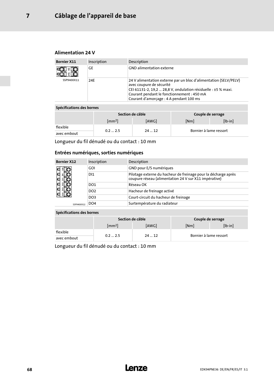 Câblage de l’appareil de base 7, Alimentation 24 v, Longueur du fil dénudé ou du contact : 10 mm | Lenze E94APNE User Manual | Page 68 / 114