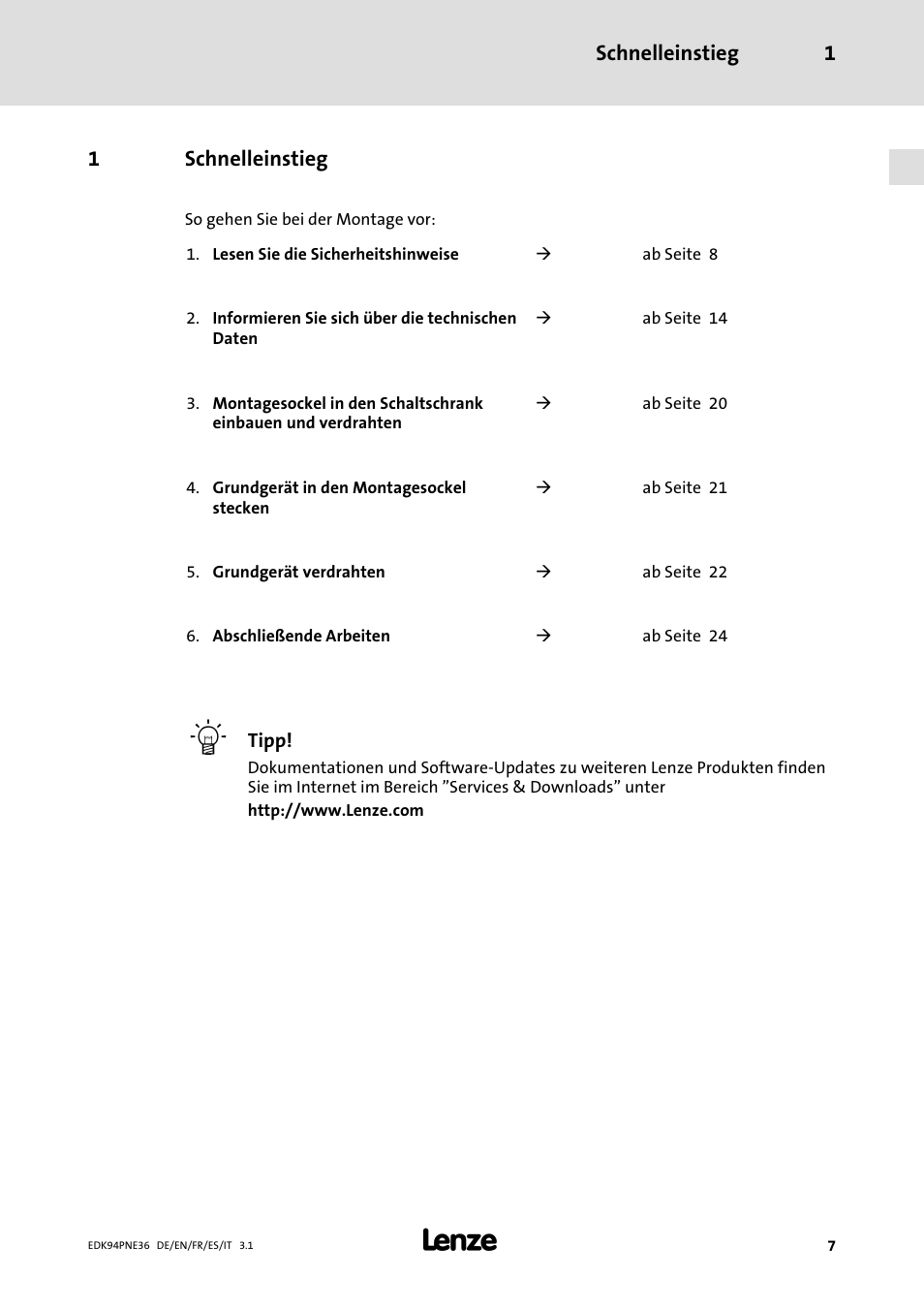 1 schnelleinstieg, Schnelleinstieg | Lenze E94APNE User Manual | Page 7 / 114