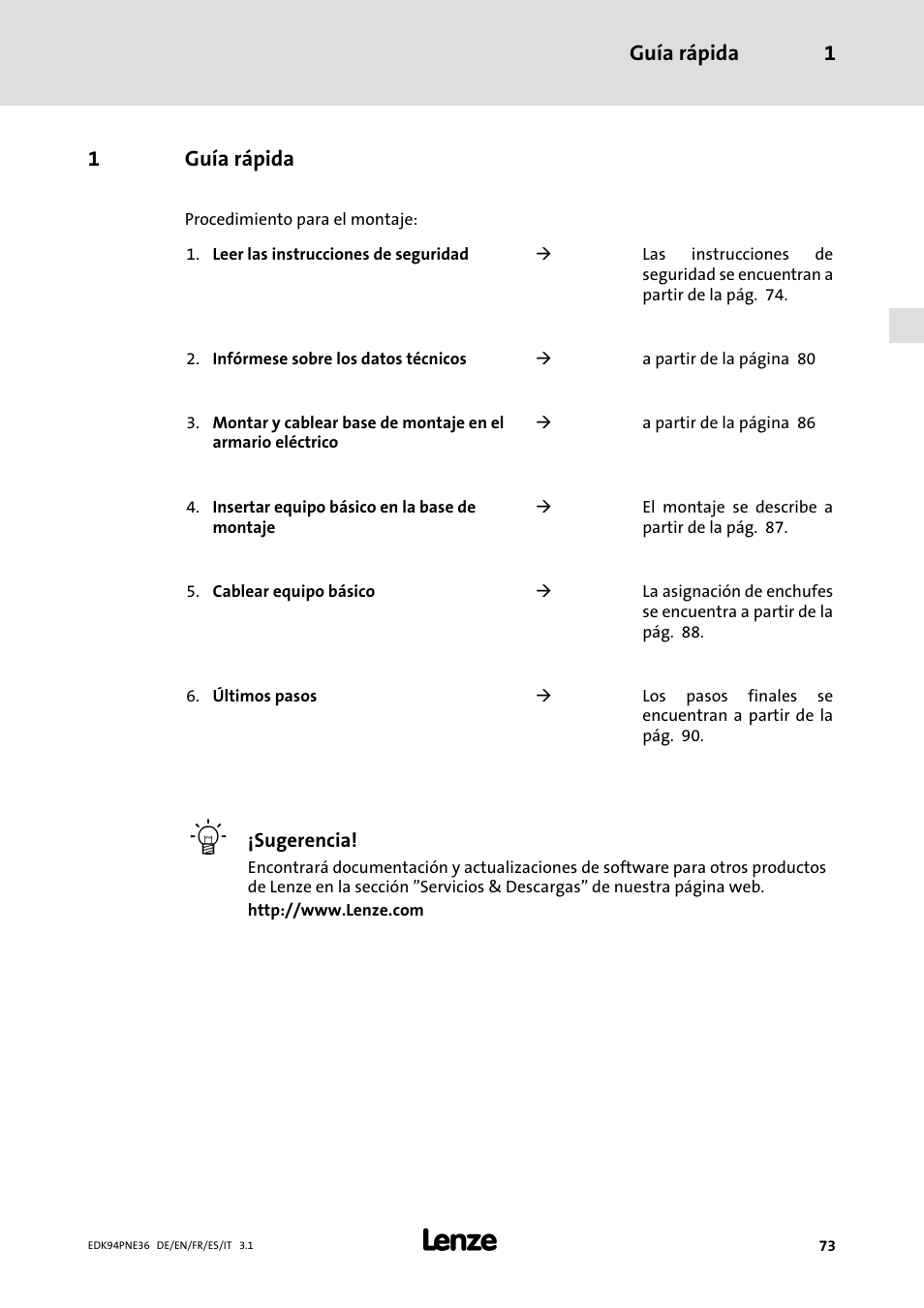 1 guía rápida, Guía rápida | Lenze E94APNE User Manual | Page 73 / 114