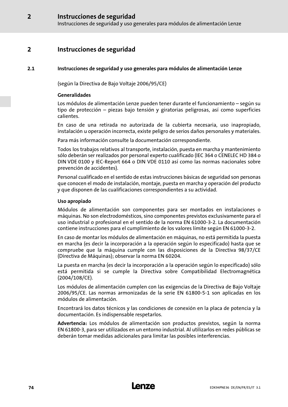 2 instrucciones de seguridad, Instrucciones de seguridad, Partir de la pág. 74 | 2instrucciones de seguridad | Lenze E94APNE User Manual | Page 74 / 114