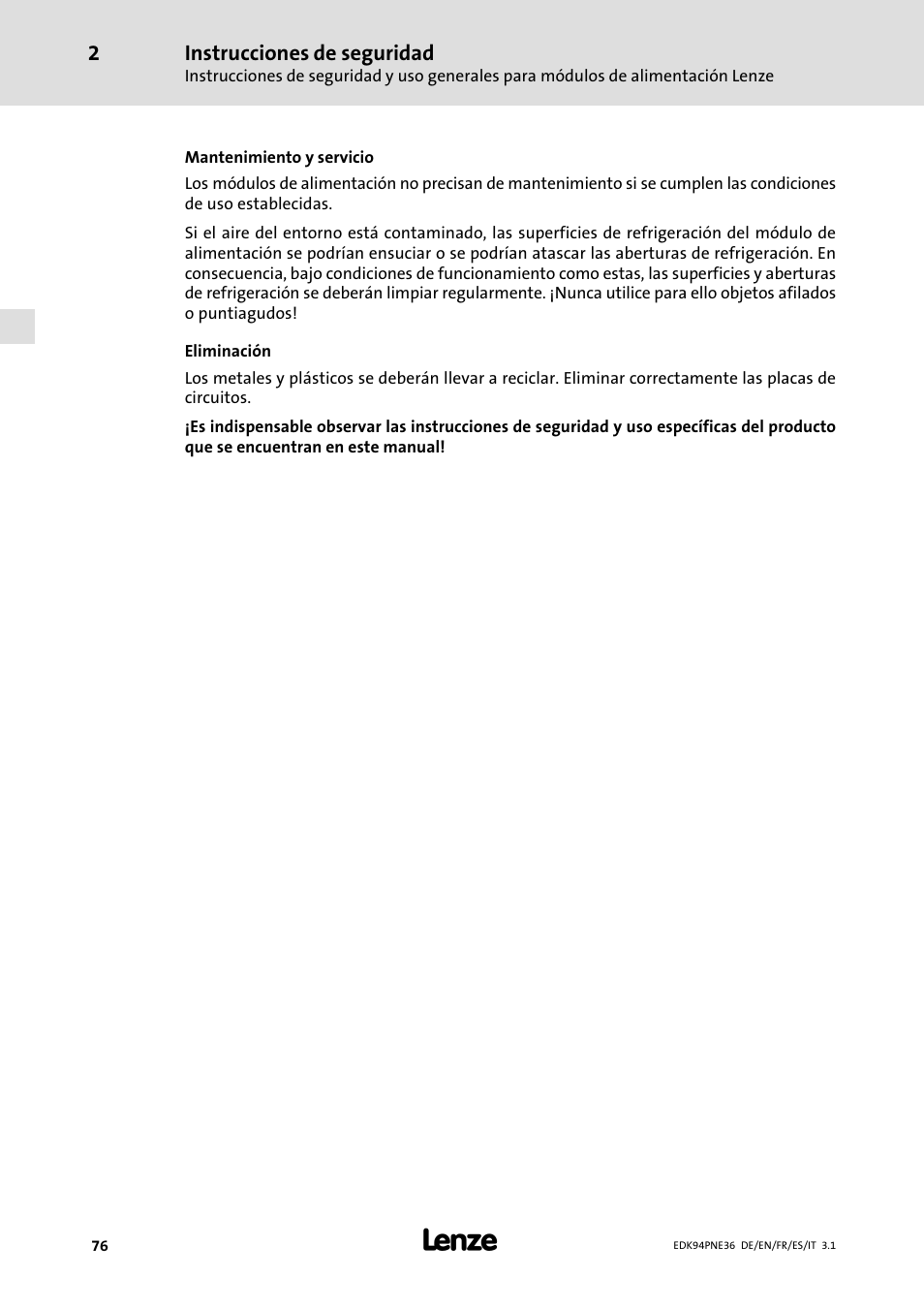 Instrucciones de seguridad | Lenze E94APNE User Manual | Page 76 / 114