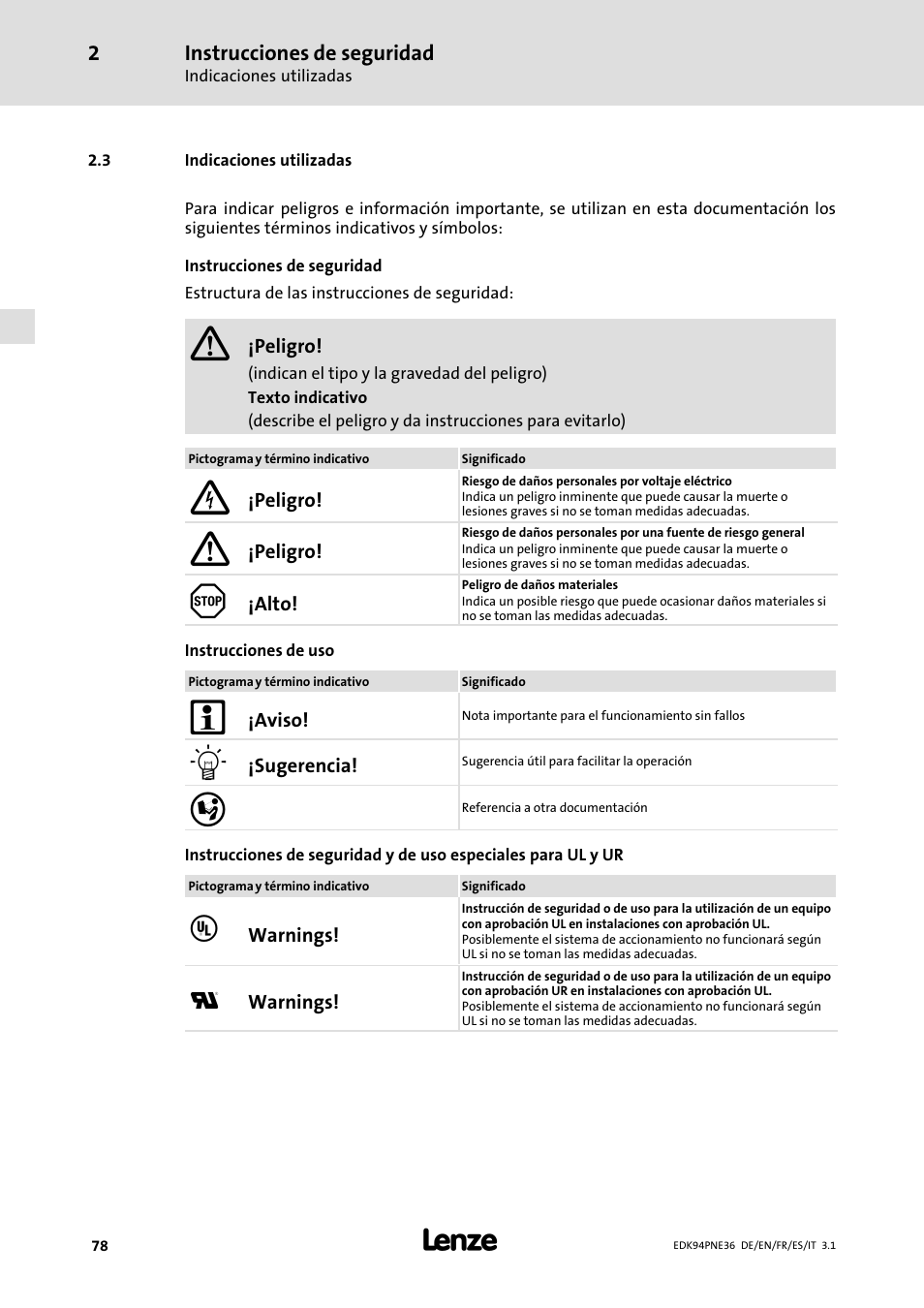 3 indicaciones utilizadas, Indicaciones utilizadas | Lenze E94APNE User Manual | Page 78 / 114