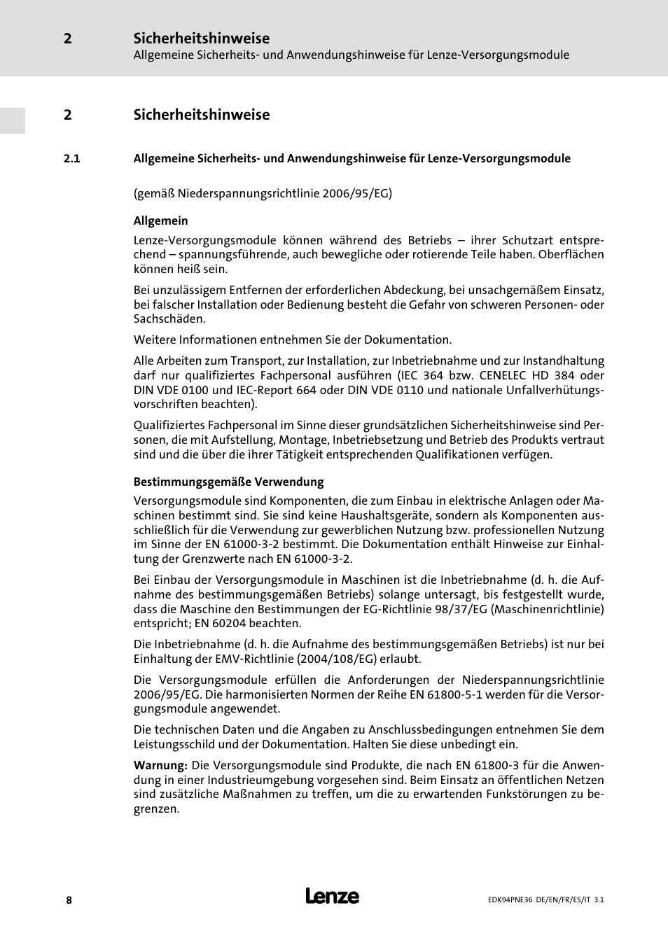 2 sicherheitshinweise, Sicherheitshinweise, Ab seite 8 | 2sicherheitshinweise | Lenze E94APNE User Manual | Page 8 / 114