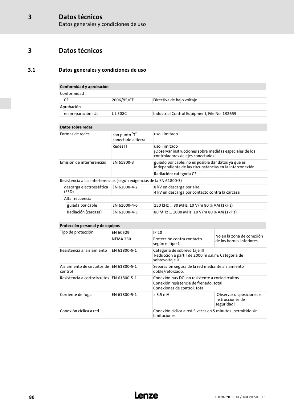 3 datos técnicos, 1 datos generales y condiciones de uso, Datos técnicos | Datos generales y condiciones de uso, 3datos técnicos | Lenze E94APNE User Manual | Page 80 / 114