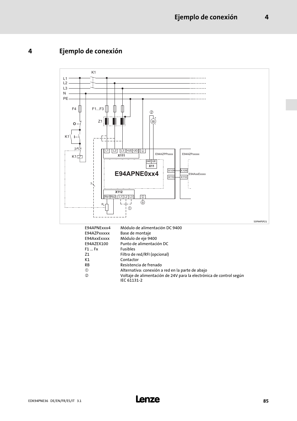 4 ejemplo de conexión, Ejemplo de conexión, Ejemplo de conexión 4 | 4ejemplo de conexión, E94apne0xx4 | Lenze E94APNE User Manual | Page 85 / 114