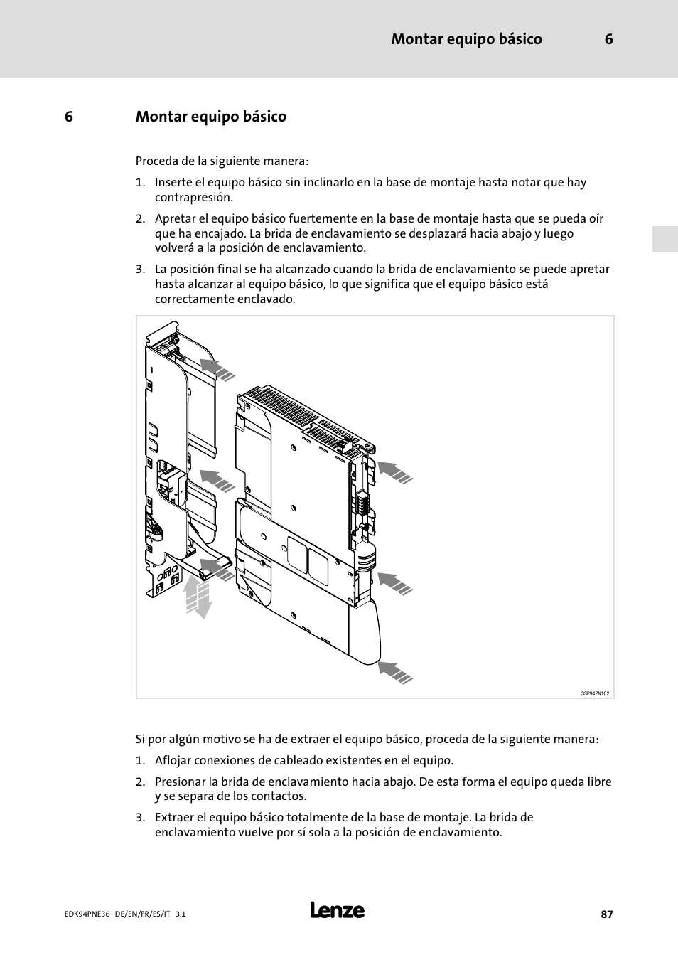 6 montar equipo básico, Montar equipo básico, Partir de la pág. 87 | Montar equipo básico 6, 6montar equipo básico | Lenze E94APNE User Manual | Page 87 / 114