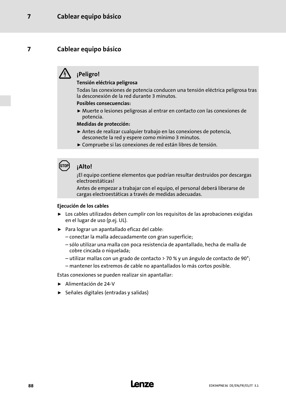 7 cablear equipo básico, Cablear equipo básico, Pág. 88 | Lenze E94APNE User Manual | Page 88 / 114