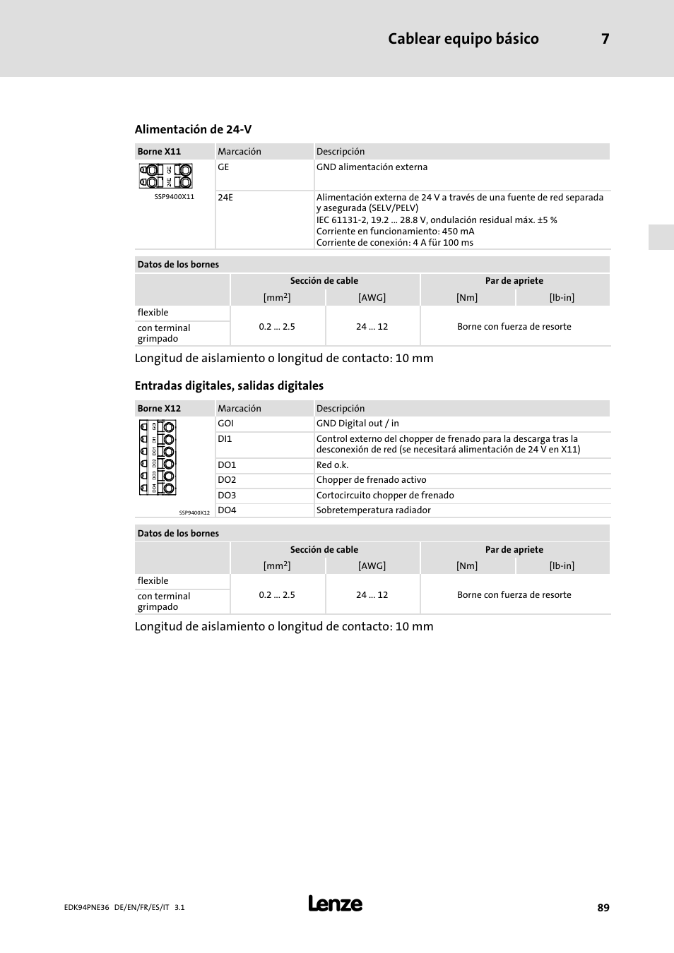 Cablear equipo básico 7, Alimentación de 24−v | Lenze E94APNE User Manual | Page 89 / 114