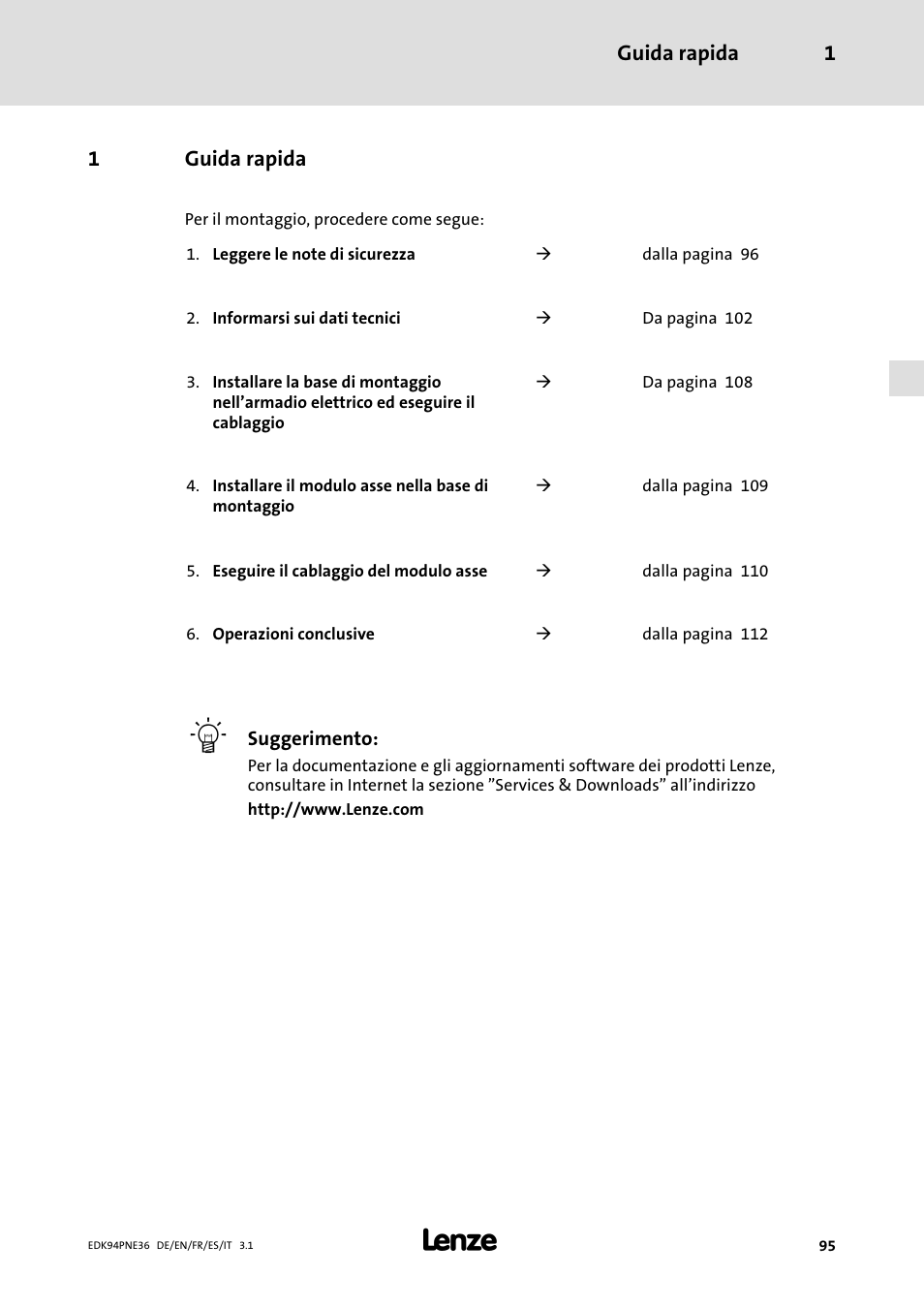 1 guida rapida, Guida rapida | Lenze E94APNE User Manual | Page 95 / 114