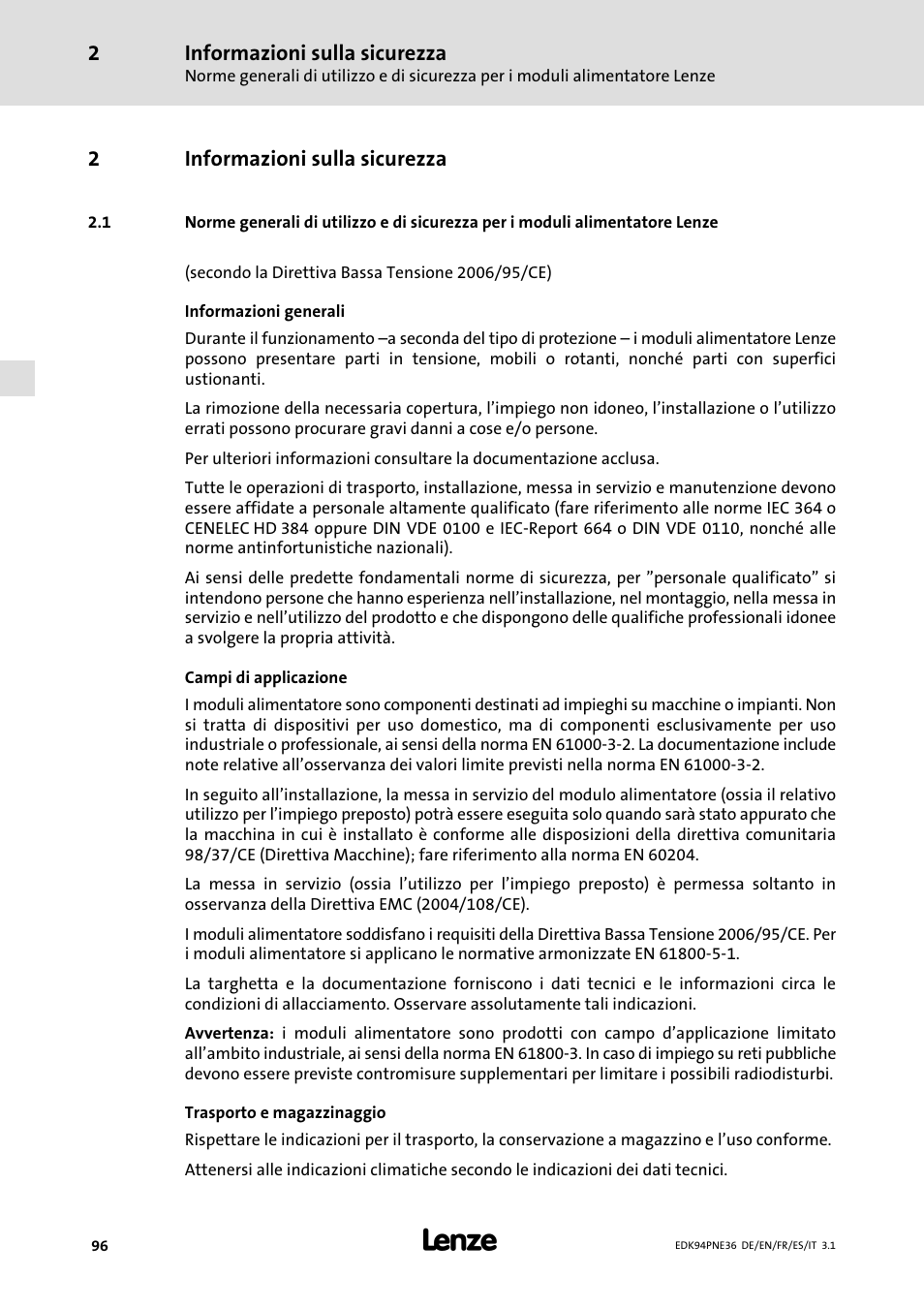 2 informazioni sulla sicurezza, Informazioni sulla sicurezza, 2informazioni sulla sicurezza | Lenze E94APNE User Manual | Page 96 / 114