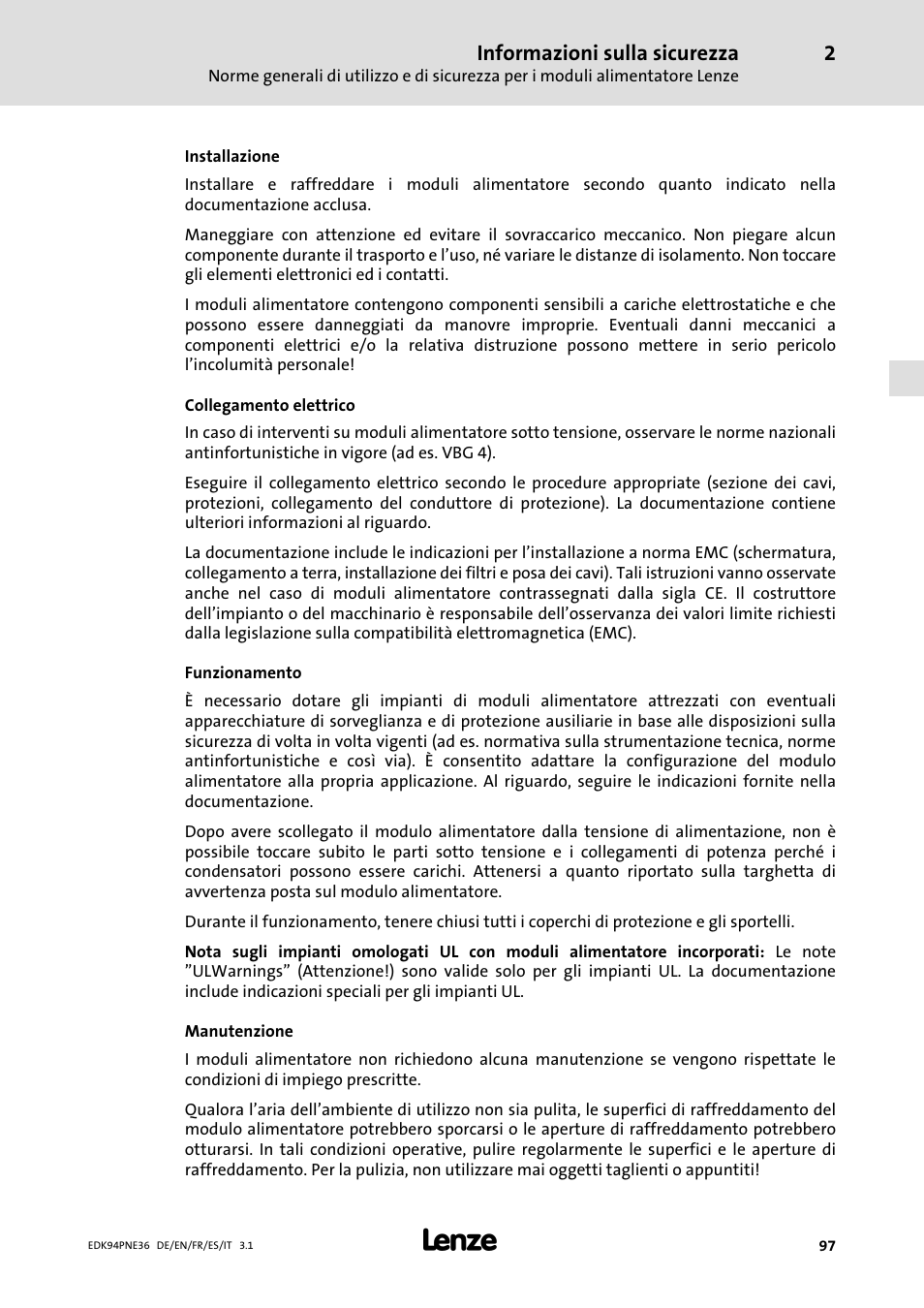 Informazioni sulla sicurezza | Lenze E94APNE User Manual | Page 97 / 114