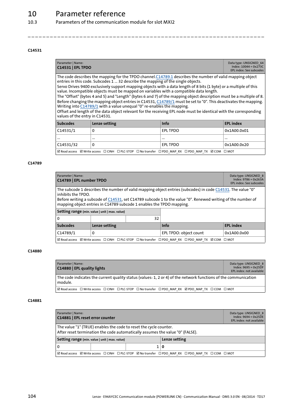 C14531 | epl tpdo, C14789 | epl number tpdo, C14880 | epl quality lights | C14881 | epl reset error counter, Pdo mapping, C14531, 10 parameter reference | Lenze E94AYCEC User Manual | Page 104 / 125