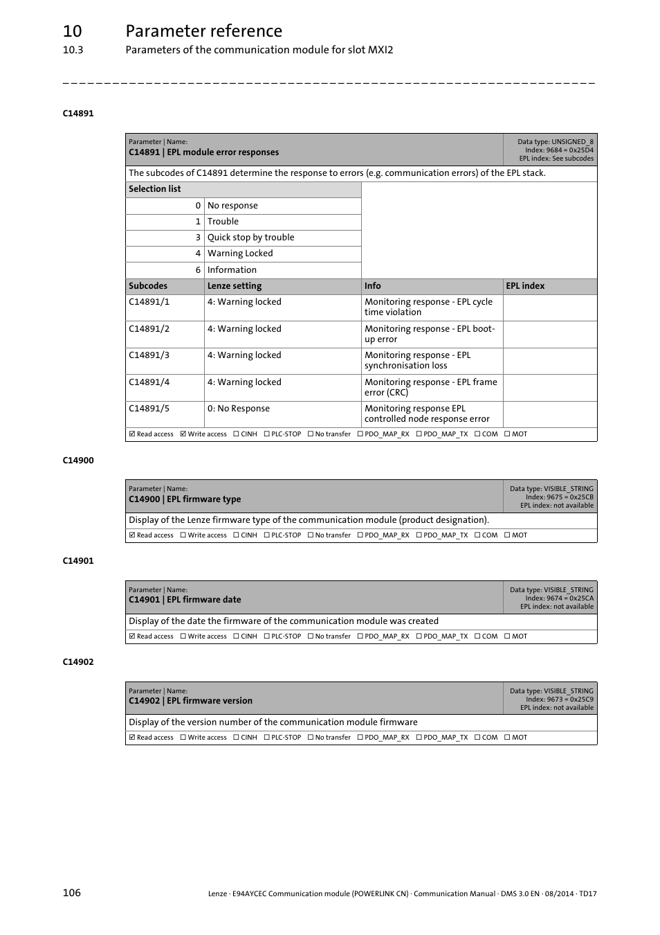 C14891 | epl module error responses, C14900 | epl firmware type, C14901 | epl firmware date | C14902 | epl firmware version, C14891/4, C14891/3, C14891/2, C14891/5, C14891/1, 10 parameter reference | Lenze E94AYCEC User Manual | Page 106 / 125