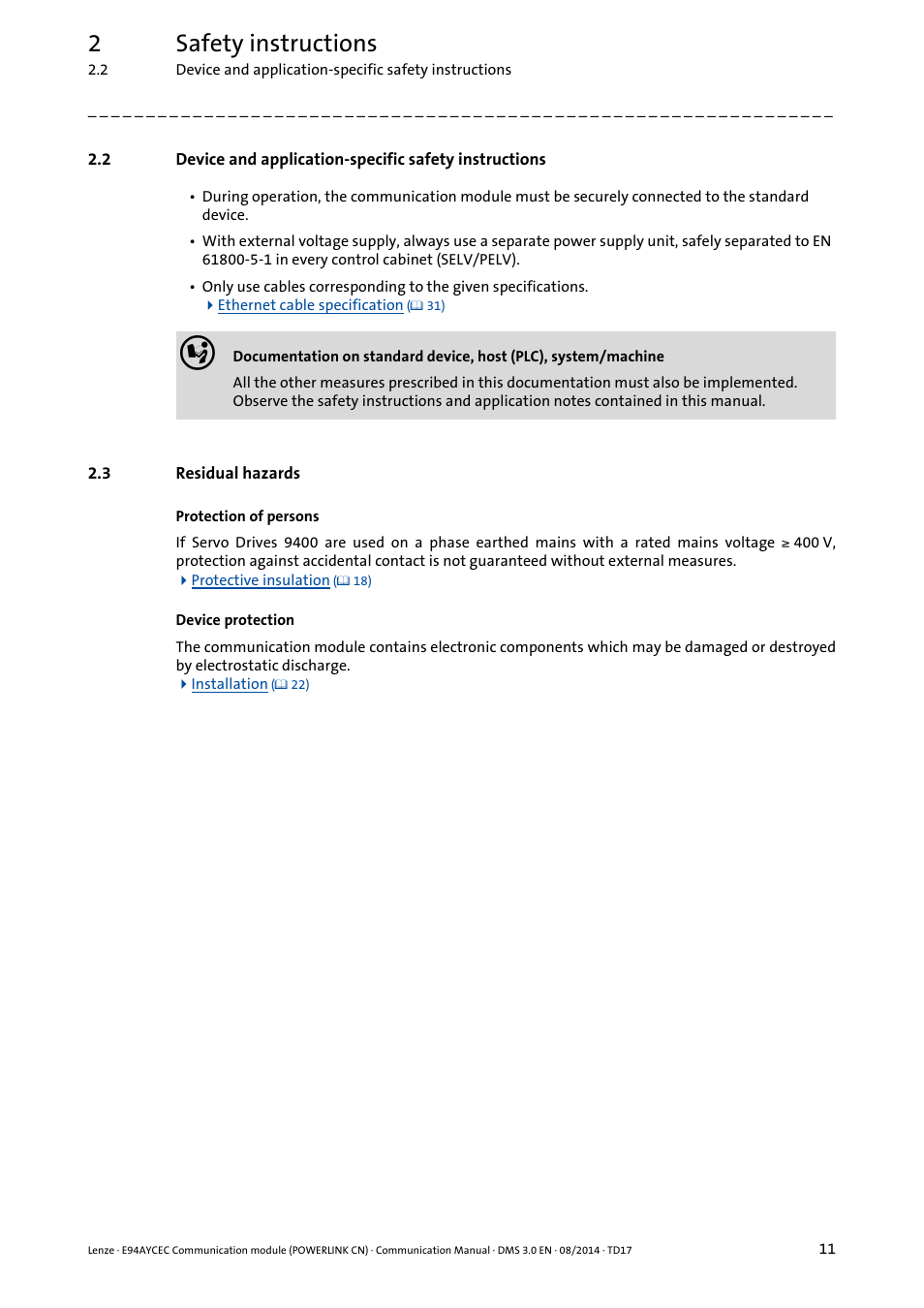 3 residual hazards, Residual hazards, 2safety instructions | Lenze E94AYCEC User Manual | Page 11 / 125