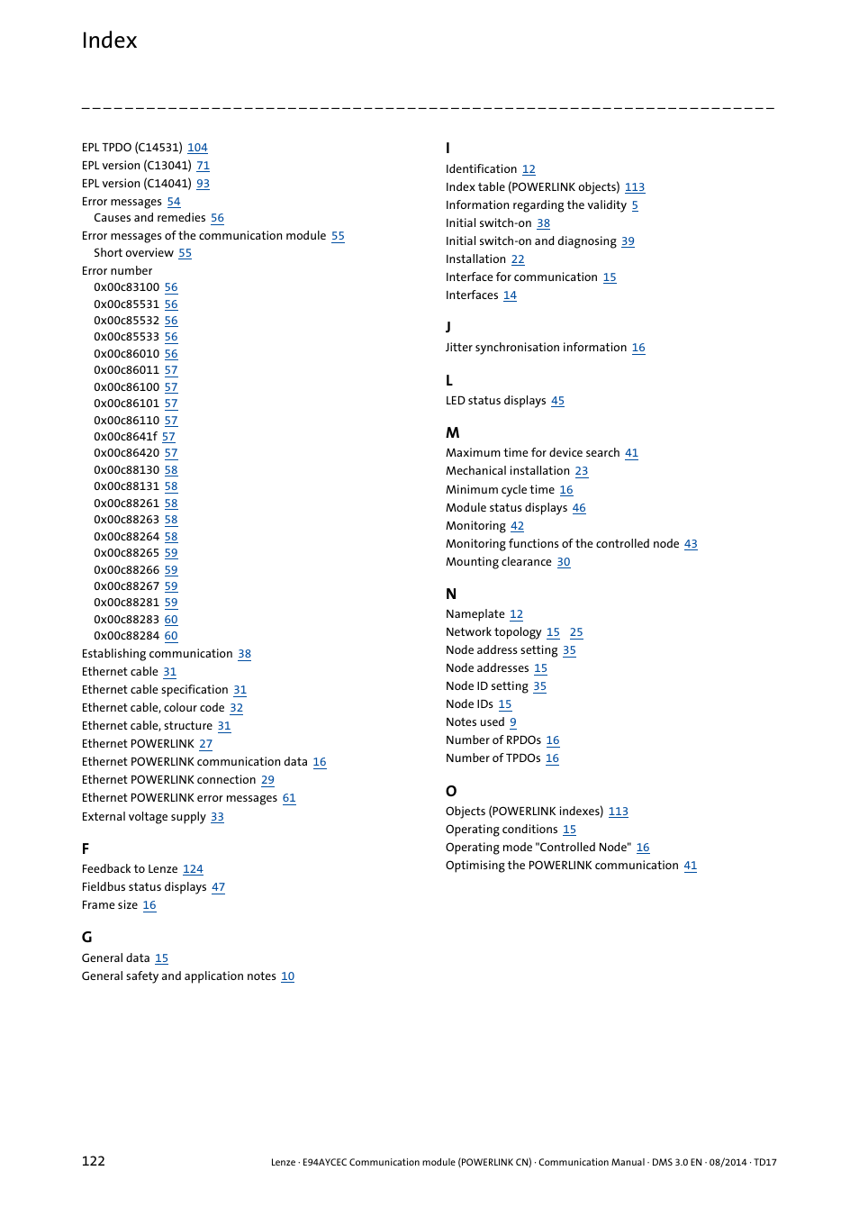 Index | Lenze E94AYCEC User Manual | Page 122 / 125