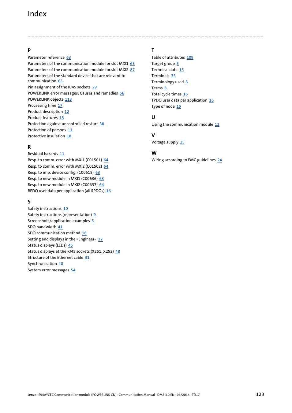 Index | Lenze E94AYCEC User Manual | Page 123 / 125