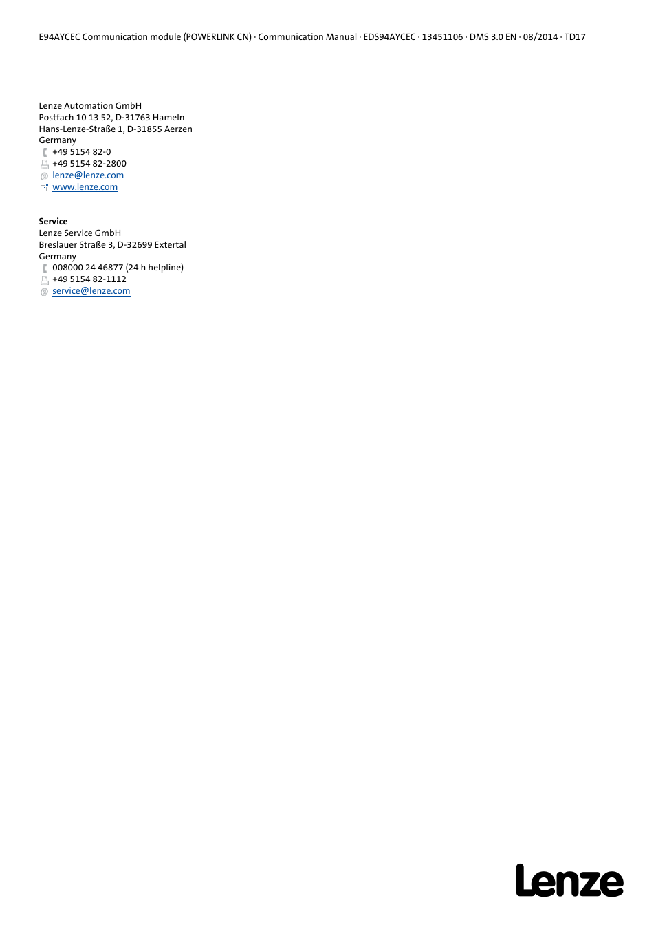 Lenze E94AYCEC User Manual | Page 125 / 125