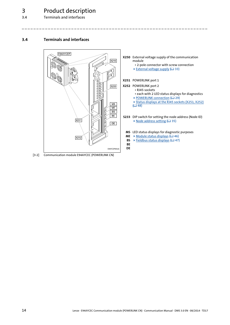 4 terminals and interfaces, Terminals and interfaces, 3product description | Lenze E94AYCEC User Manual | Page 14 / 125