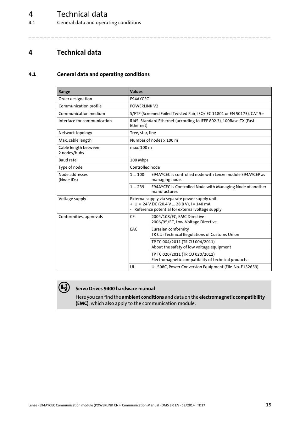 4 technical data, 1 general data and operating conditions, Technical data | General data and operating conditions, 4technical data | Lenze E94AYCEC User Manual | Page 15 / 125
