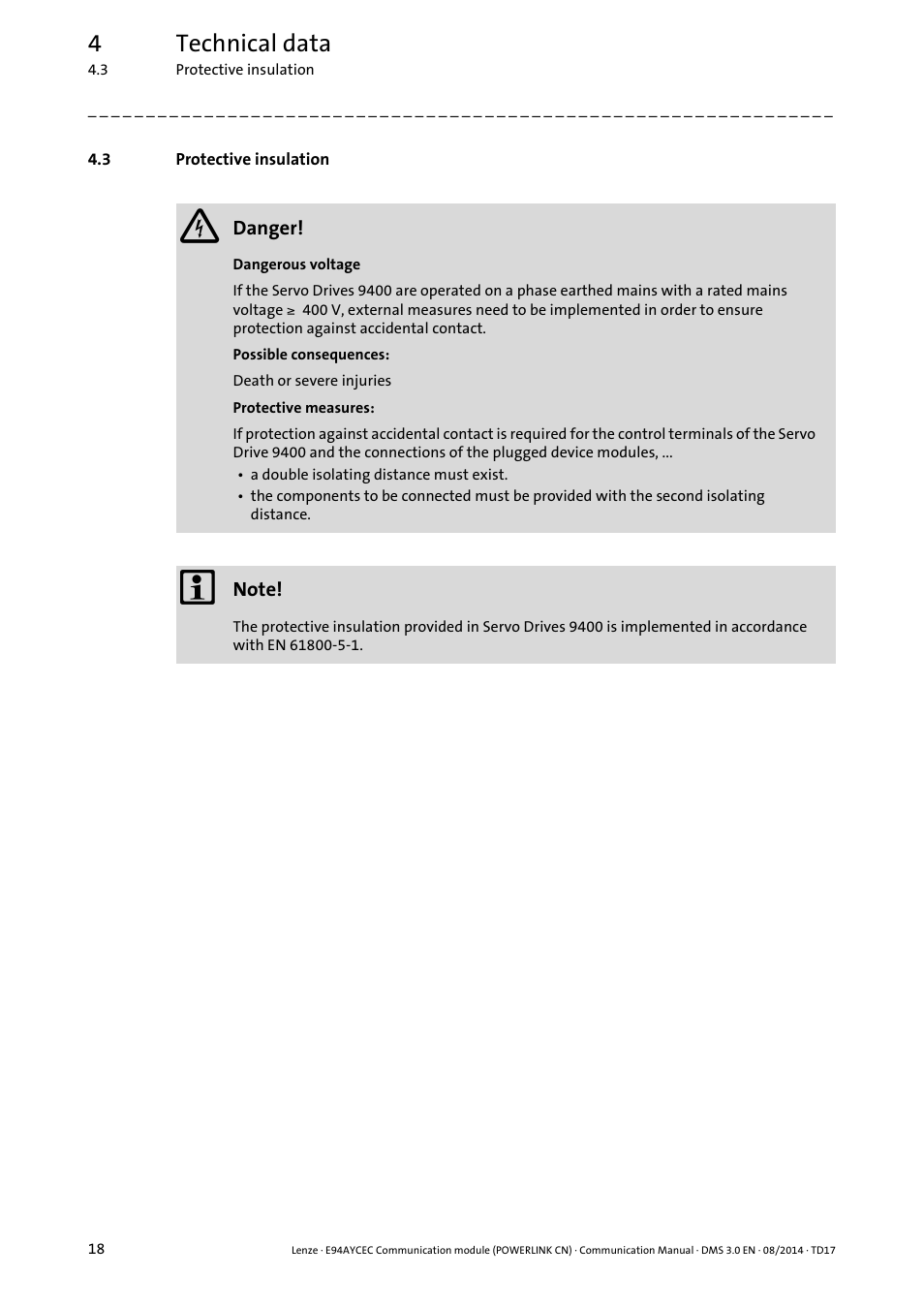 3 protective insulation, Protective insulation, 4technical data | Lenze E94AYCEC User Manual | Page 18 / 125