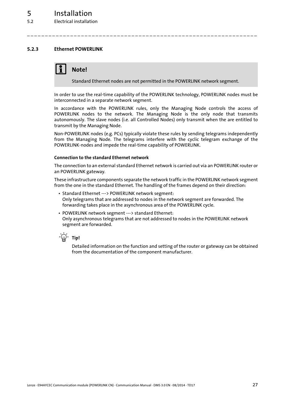 3 ethernet powerlink, Ethernet powerlink, 5installation | Lenze E94AYCEC User Manual | Page 27 / 125