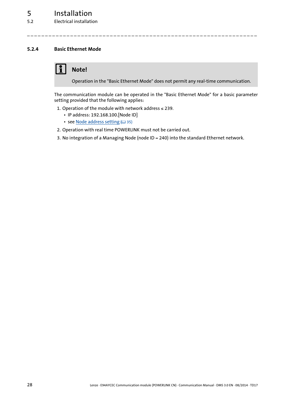 4 basic ethernet mode, Basic ethernet mode, 5installation | Lenze E94AYCEC User Manual | Page 28 / 125