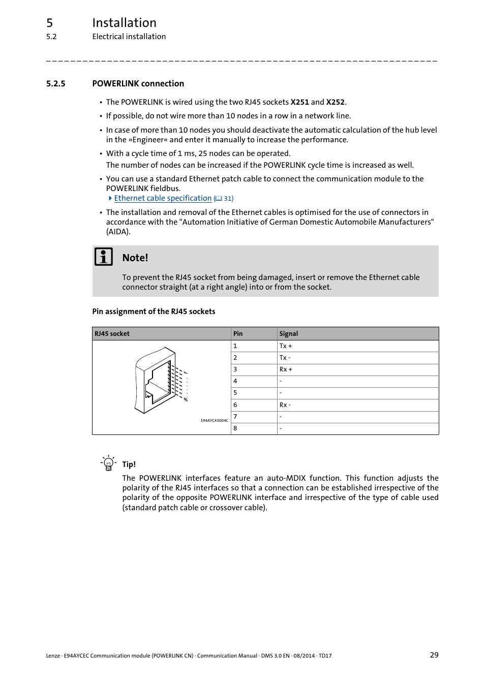 5 powerlink connection, Powerlink connection, Powerlink connection ( 29) | 5installation | Lenze E94AYCEC User Manual | Page 29 / 125