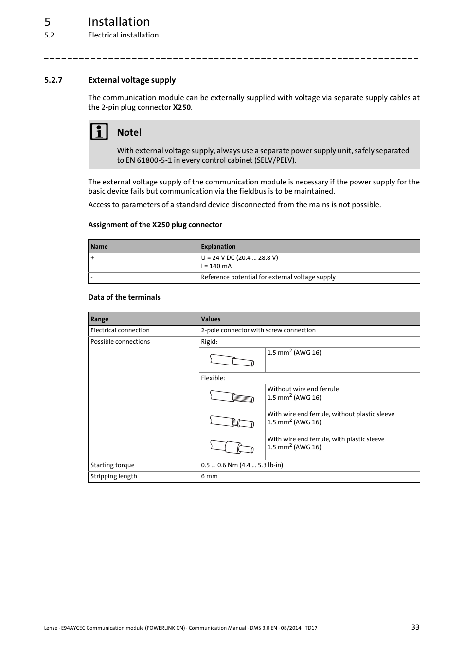 7 external voltage supply, External voltage supply, External voltage supply ( 33) | 5installation | Lenze E94AYCEC User Manual | Page 33 / 125