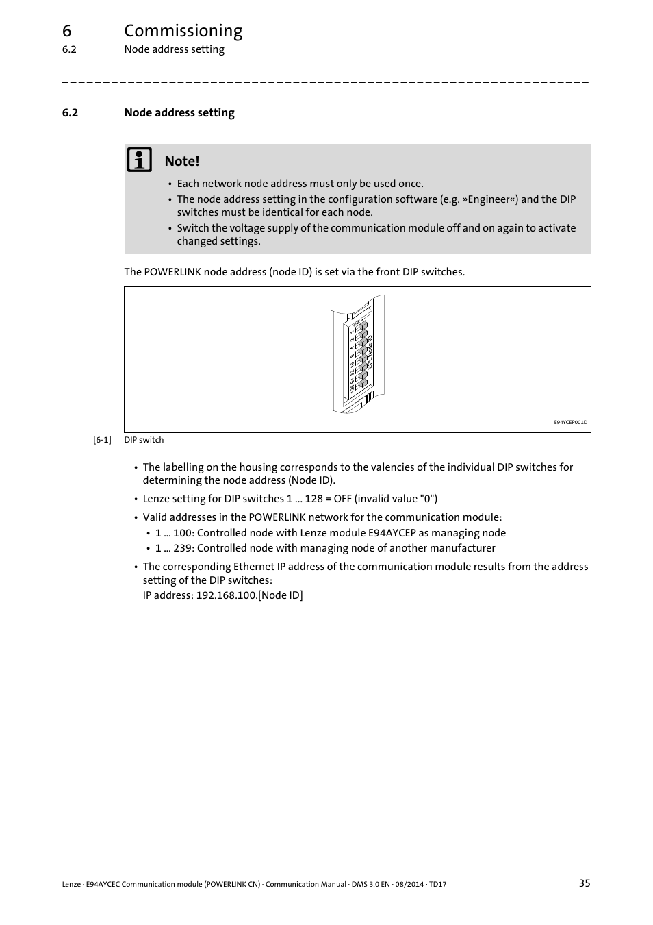2 node address setting, Node address setting, Node address setting ( 35) | 6commissioning | Lenze E94AYCEC User Manual | Page 35 / 125