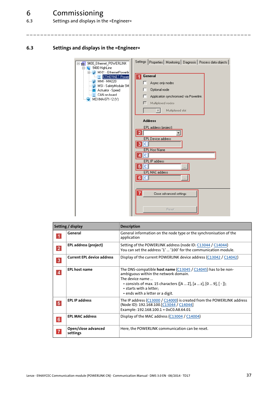 3 settings and displays in the »engineer, Settings and displays in the »engineer, 6commissioning | Lenze E94AYCEC User Manual | Page 37 / 125