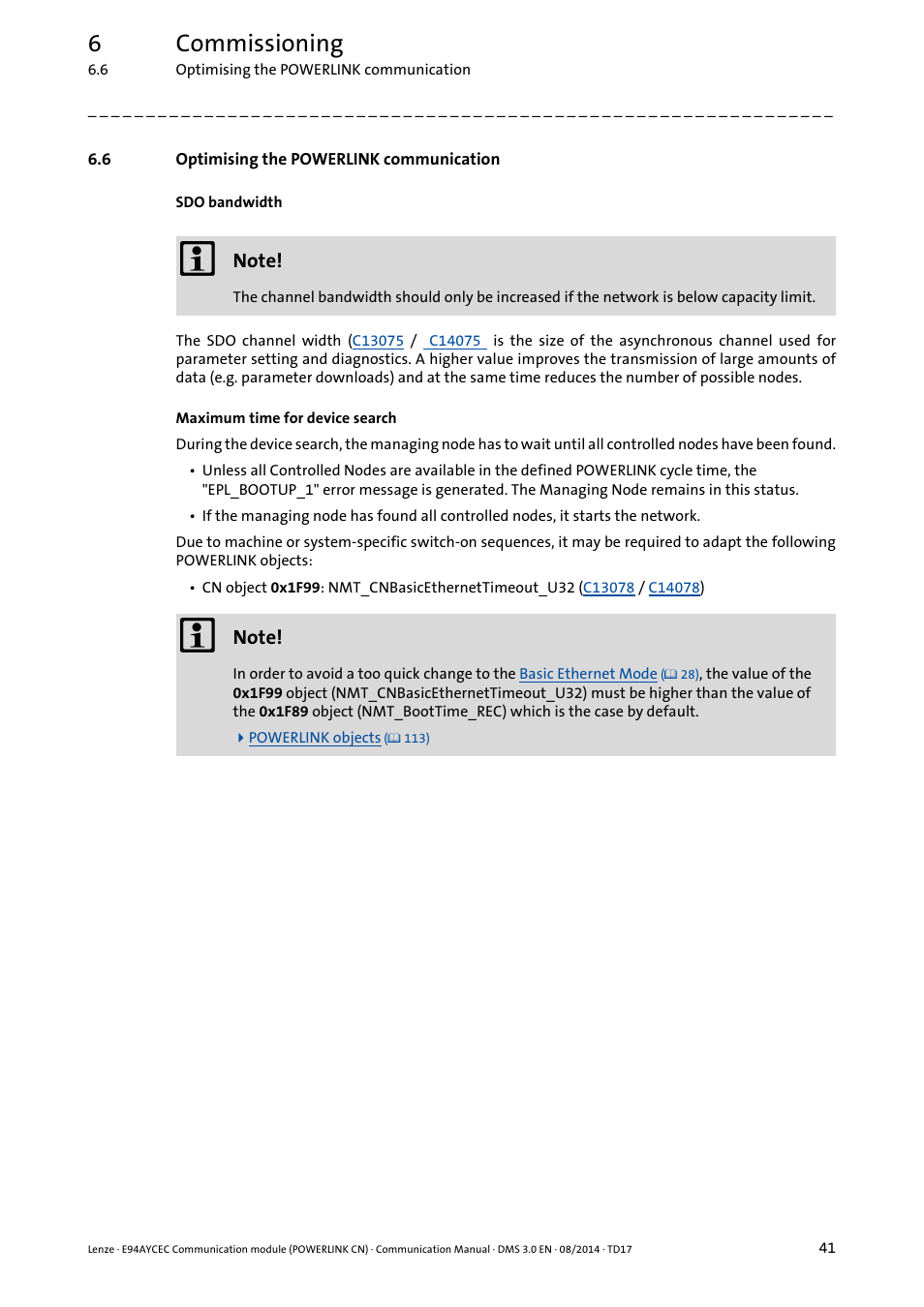 6 optimising the powerlink communication, Optimising the powerlink communication, 6commissioning | Lenze E94AYCEC User Manual | Page 41 / 125