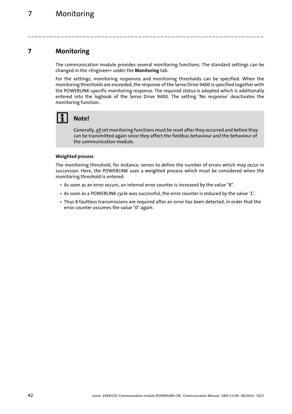 7 monitoring, Monitoring, 7monitoring | Lenze E94AYCEC User Manual | Page 42 / 125