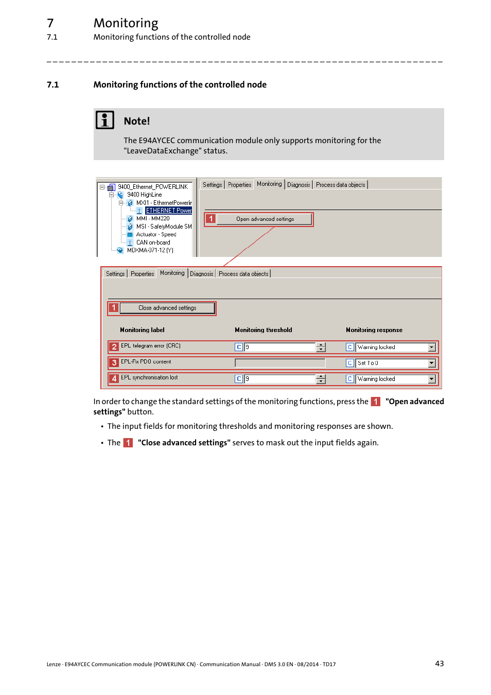1 monitoring functions of the controlled node, Monitoring functions of the controlled node, 7monitoring | Lenze E94AYCEC User Manual | Page 43 / 125