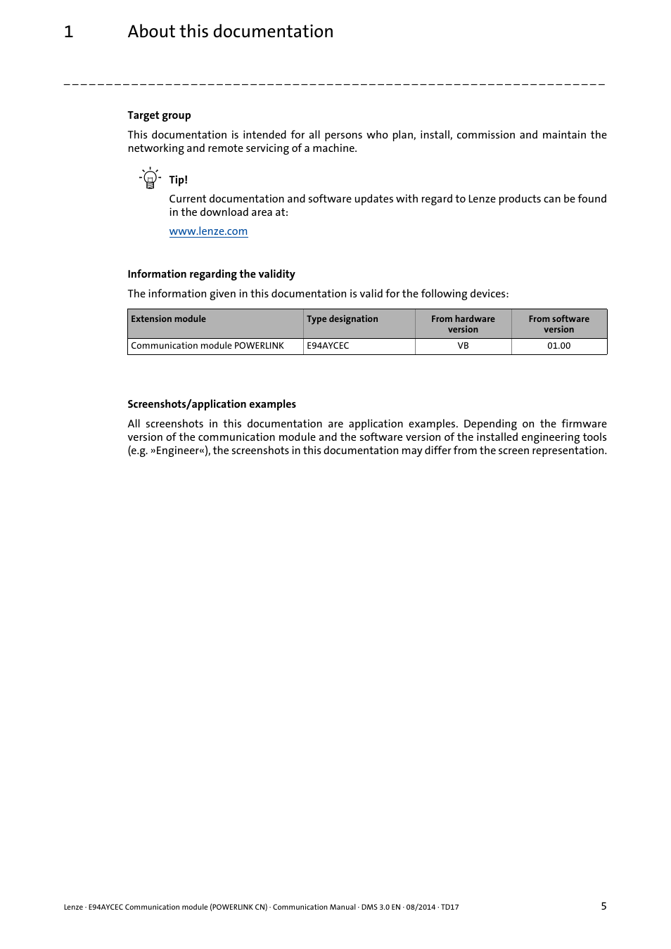 1about this documentation | Lenze E94AYCEC User Manual | Page 5 / 125