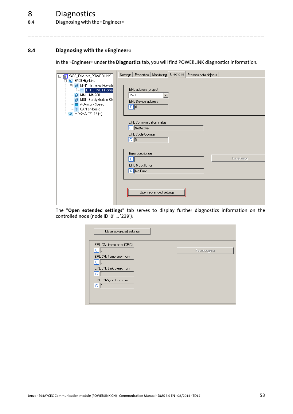 4 diagnosing with the »engineer, Diagnosing with the »engineer, 8diagnostics | Lenze E94AYCEC User Manual | Page 53 / 125