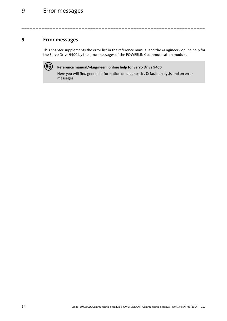 9 error messages, Error messages, 9error messages | Lenze E94AYCEC User Manual | Page 54 / 125