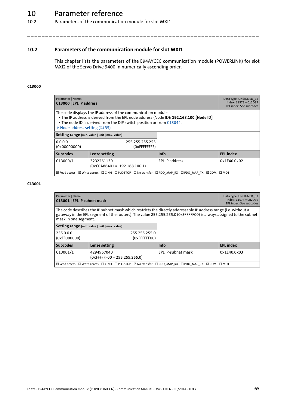 C13000 | epl ip address, C13001 | epl ip subnet mask, C13000 | 10 parameter reference | Lenze E94AYCEC User Manual | Page 65 / 125