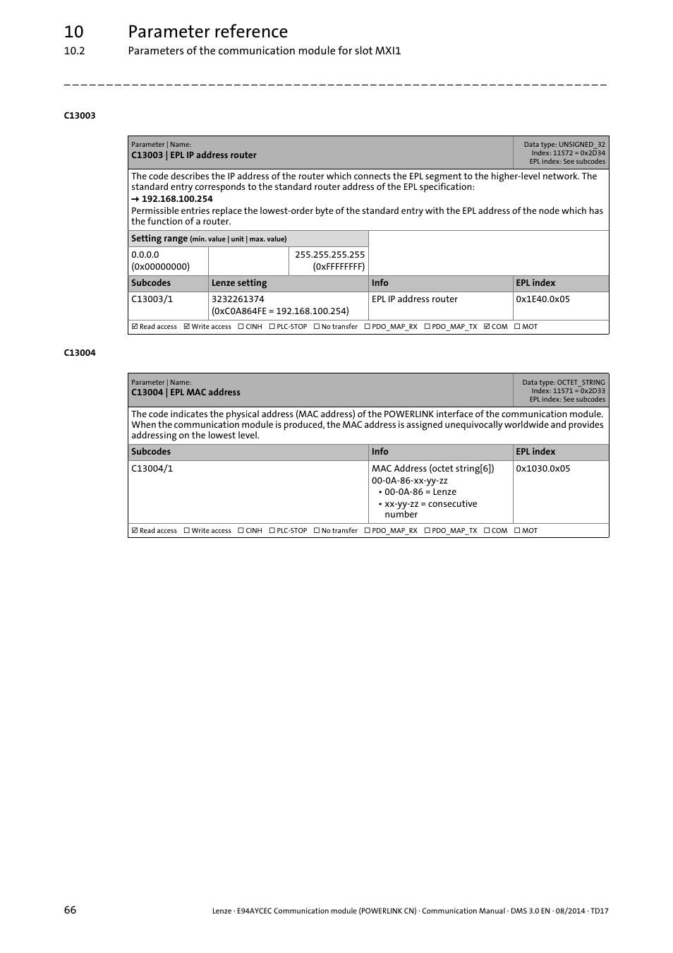 C13003 | epl ip address router, C13004 | epl mac address, Ddress | C13004, 10 parameter reference | Lenze E94AYCEC User Manual | Page 66 / 125