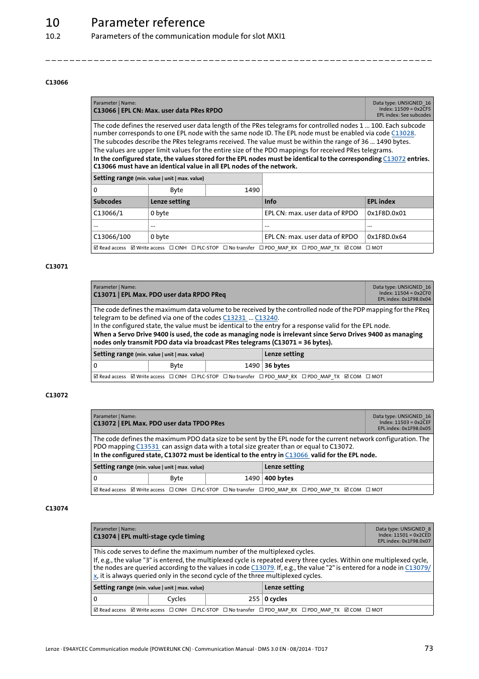C13066 | epl cn: max. user data pres rpdo, C13071 | epl max. pdo user data rpdo preq, C13072 | epl max. pdo user data tpdo pres | C13074 | epl multi-stage cycle timing, 10 parameter reference | Lenze E94AYCEC User Manual | Page 73 / 125