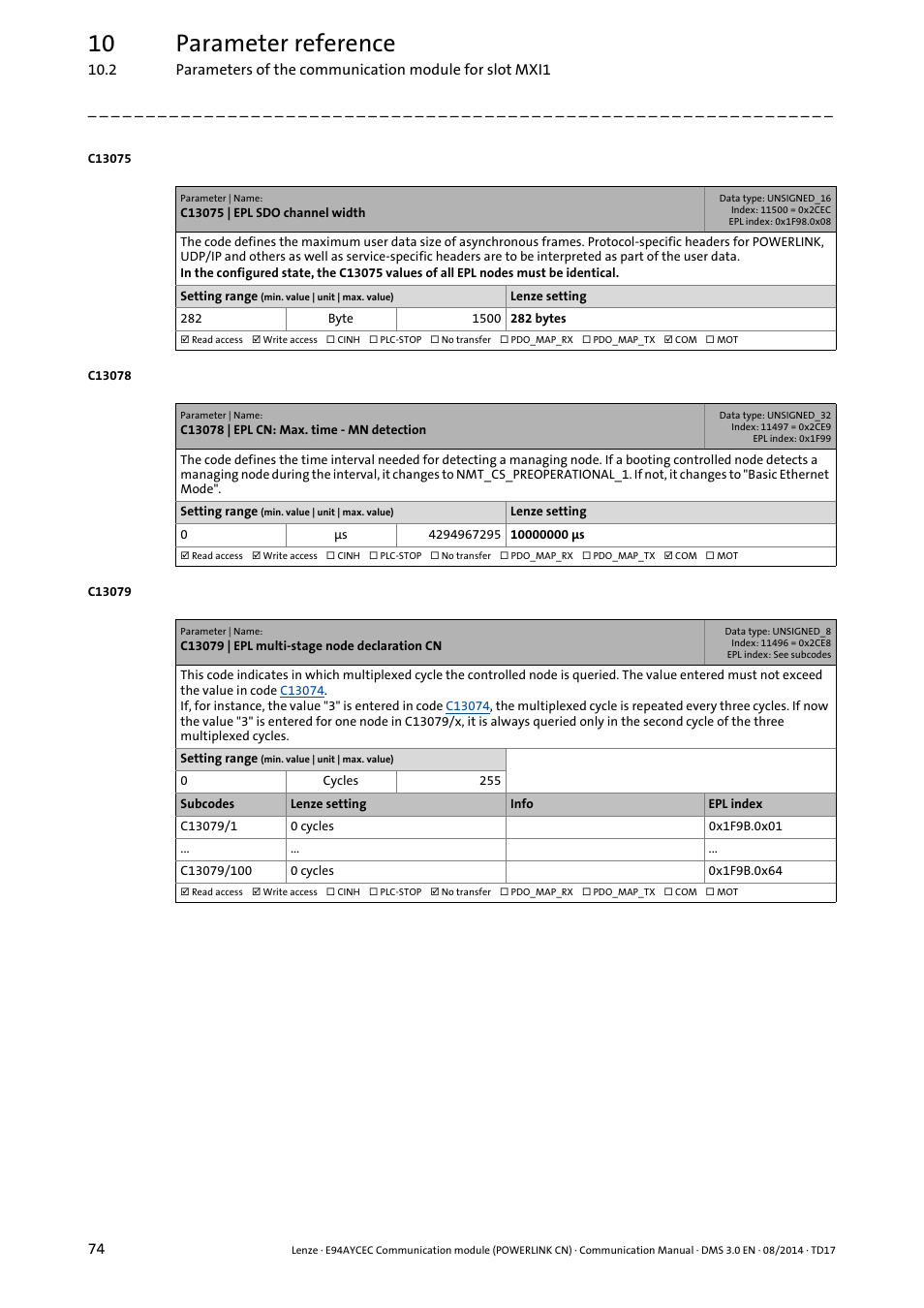 C13075 | epl sdo channel width, C13078 | epl cn: max. time - mn detection, C13079 | epl multi-stage node declaration cn | C13075, C13078, C13079, 10 parameter reference | Lenze E94AYCEC User Manual | Page 74 / 125