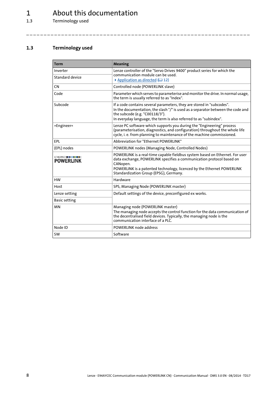 3 terminology used, Terminology used, 1about this documentation | Lenze E94AYCEC User Manual | Page 8 / 125