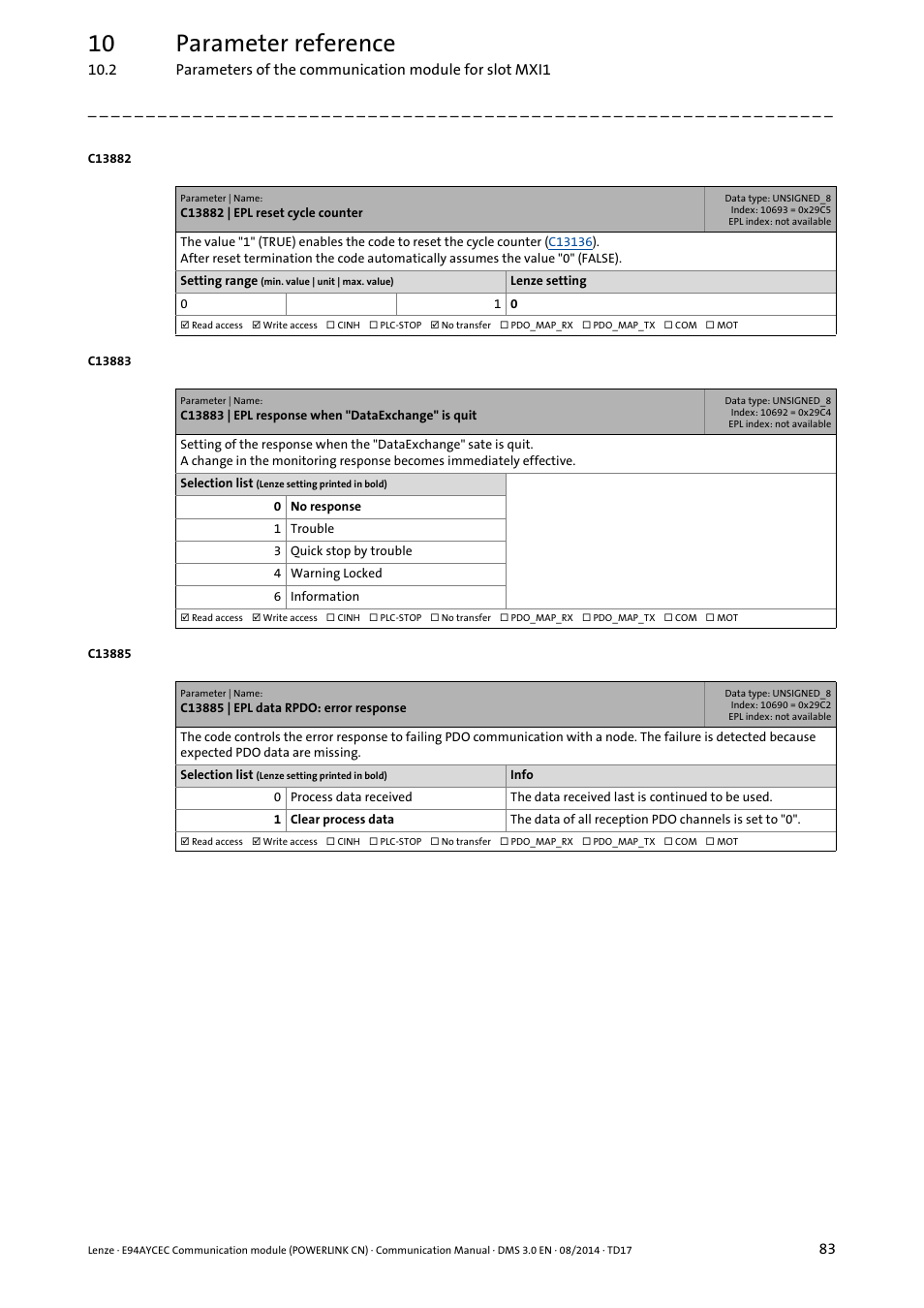 C13882 | epl reset cycle counter, C13883 | epl response when "dataexchange" is quit, C13885 | epl data rpdo: error response | C13885, C13883, 10 parameter reference | Lenze E94AYCEC User Manual | Page 83 / 125