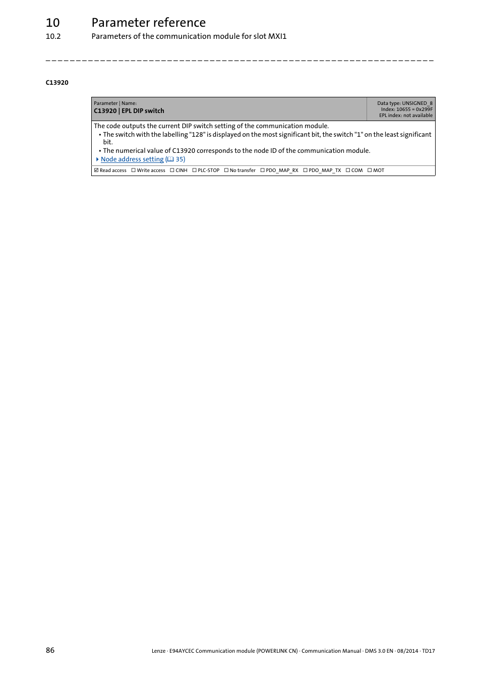 C13920 | epl dip switch, 10 parameter reference | Lenze E94AYCEC User Manual | Page 86 / 125
