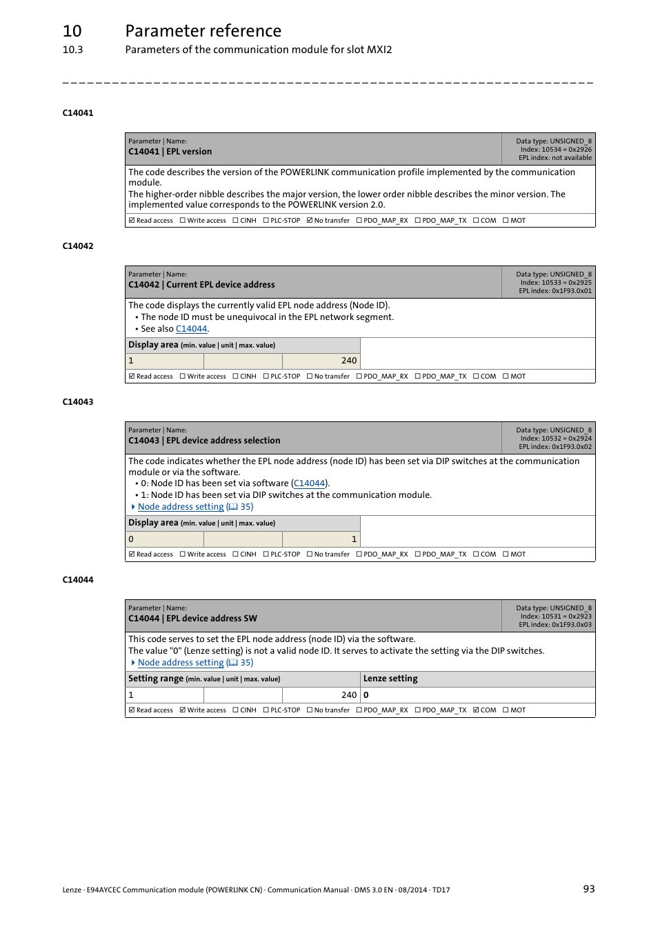 C14041 | epl version, C14042 | current epl device address, C14043 | epl device address selection | C14044 | epl device address sw, C14044, C14042, 10 parameter reference | Lenze E94AYCEC User Manual | Page 93 / 125