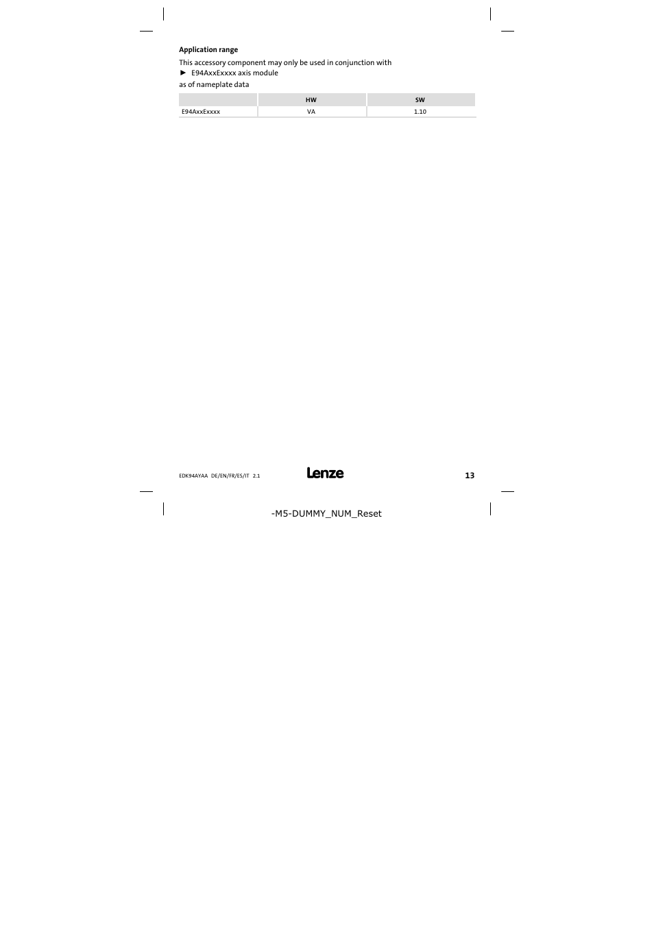 Application range | Lenze E94AYAA − SM0 User Manual | Page 13 / 34