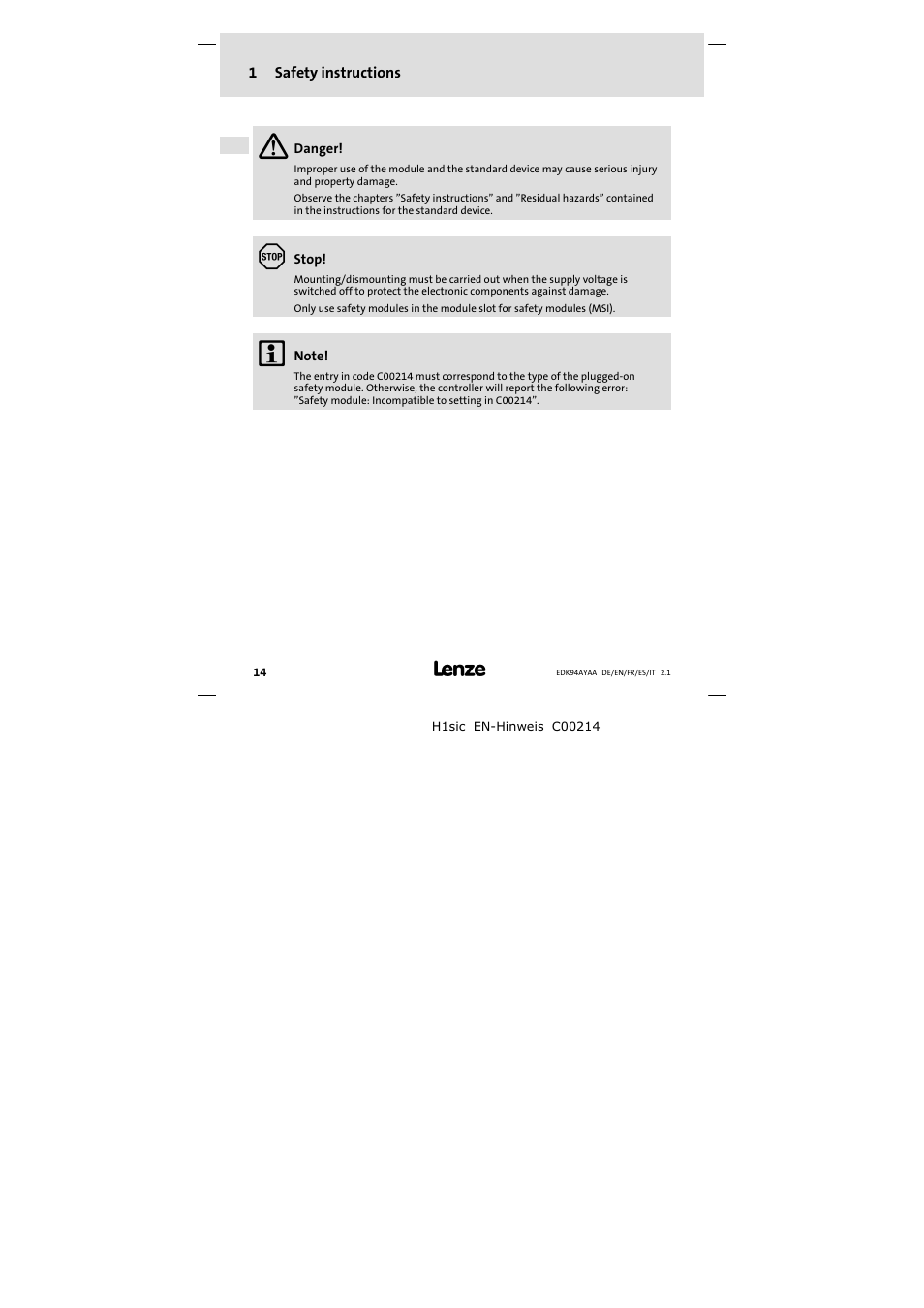 1 safety instructions | Lenze E94AYAA − SM0 User Manual | Page 14 / 34