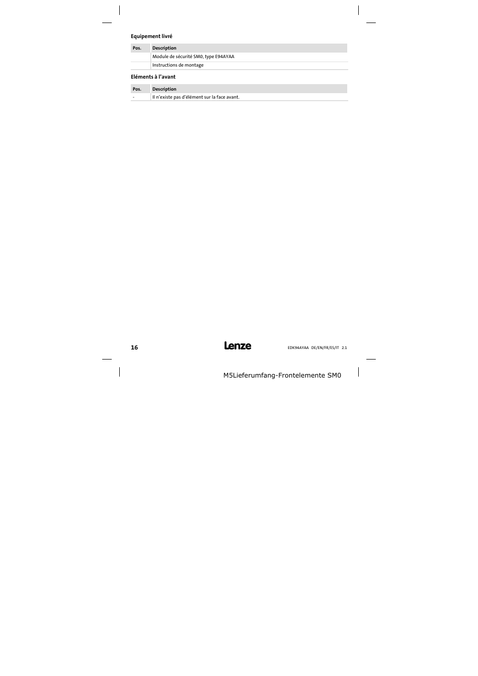 Equipement livré | Lenze E94AYAA − SM0 User Manual | Page 16 / 34
