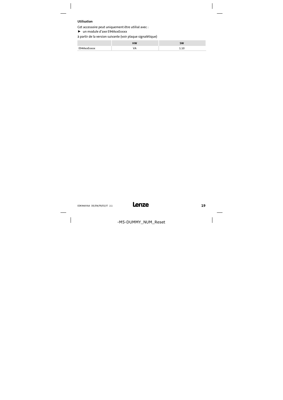 Utilisation | Lenze E94AYAA − SM0 User Manual | Page 19 / 34