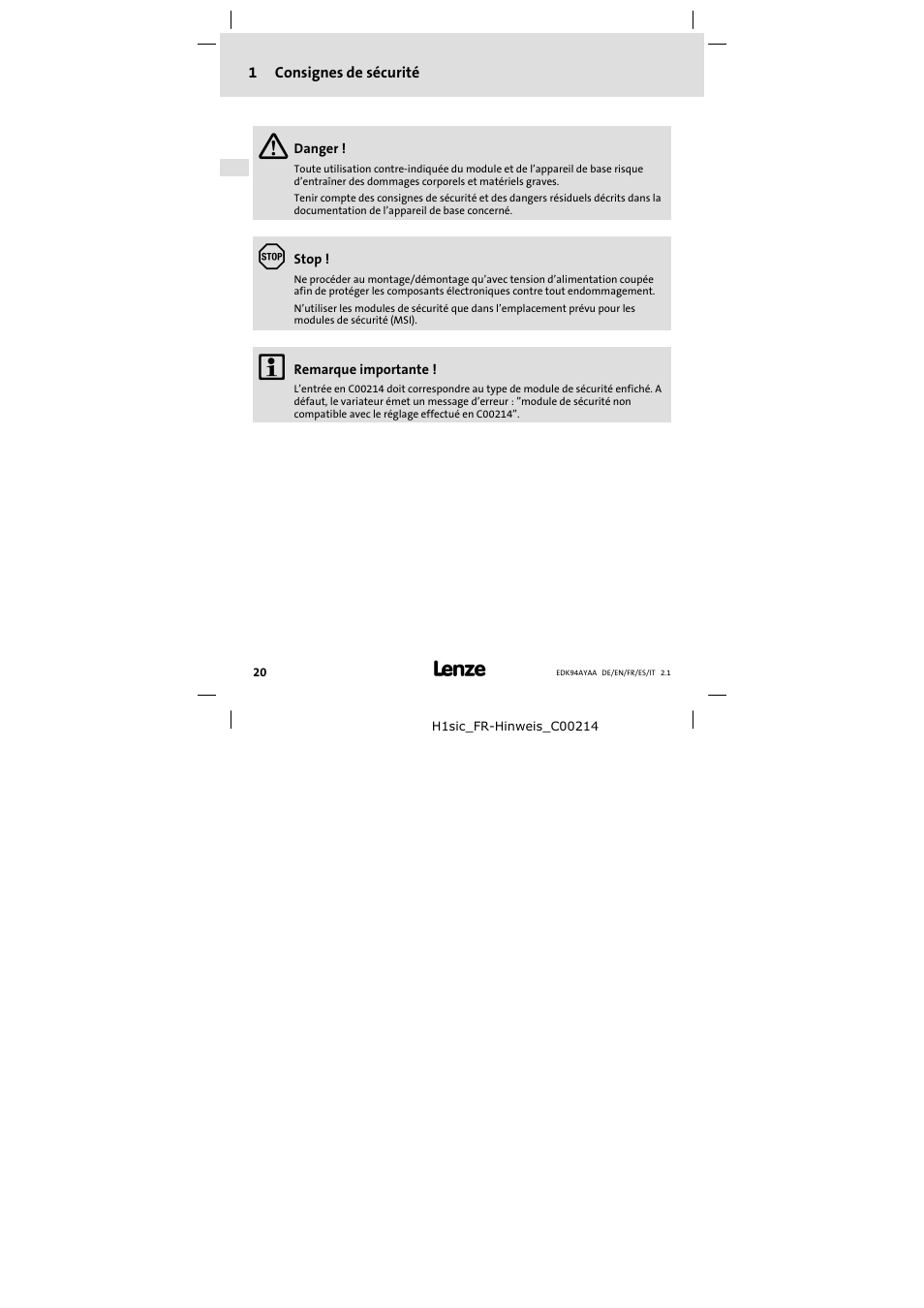 1 consignes de sécurité | Lenze E94AYAA − SM0 User Manual | Page 20 / 34